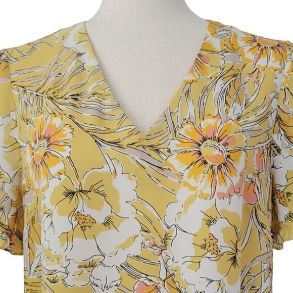 Daniel Rainn Yellow Floral V-neck Ruffle Sleeve Detail Chiffon Blouse Size M - Picture 5 of 9